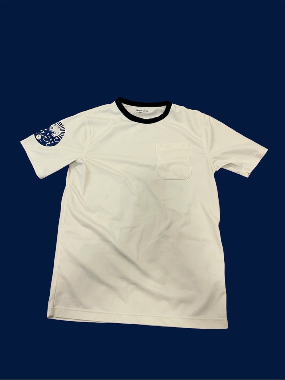 ⚪️GAP: Boy size L, white & blue w/logo rash guard short sleeve swim top preowned